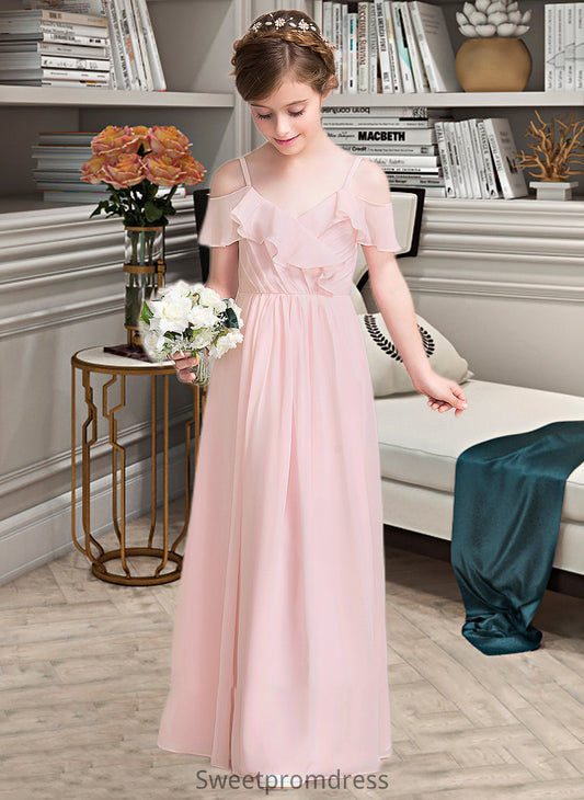 Janice A-Line V-neck Floor-Length Chiffon Junior Bridesmaid Dress With Cascading Ruffles DHP0013567