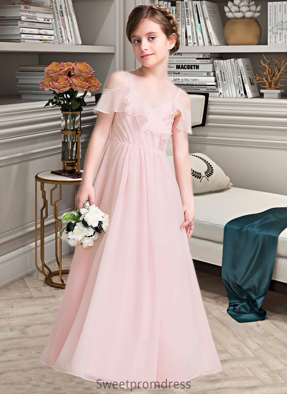 Janice A-Line V-neck Floor-Length Chiffon Junior Bridesmaid Dress With Cascading Ruffles DHP0013567