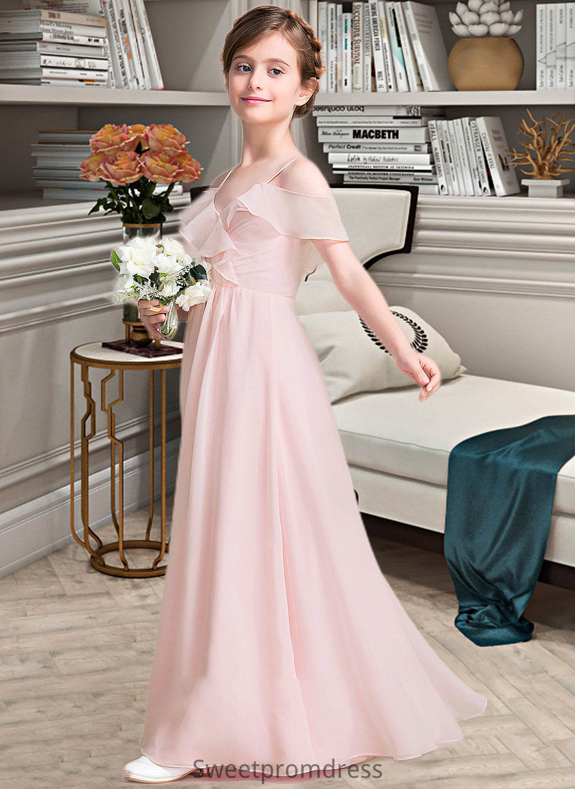 Janice A-Line V-neck Floor-Length Chiffon Junior Bridesmaid Dress With Cascading Ruffles DHP0013567