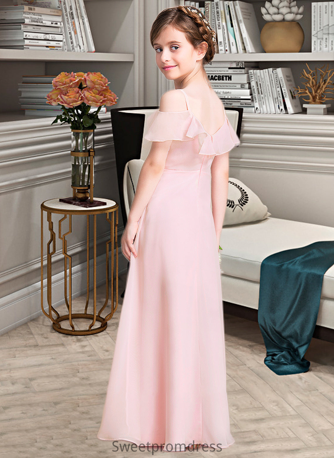 Janice A-Line V-neck Floor-Length Chiffon Junior Bridesmaid Dress With Cascading Ruffles DHP0013567