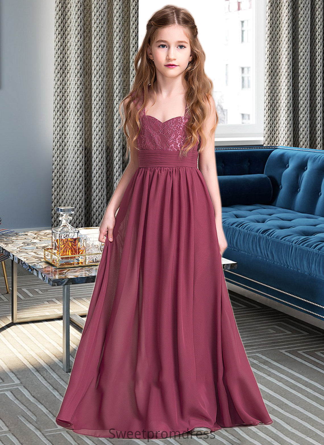 Lillie A-Line Sweetheart Floor-Length Chiffon Junior Bridesmaid Dress With Ruffle DHP0013568