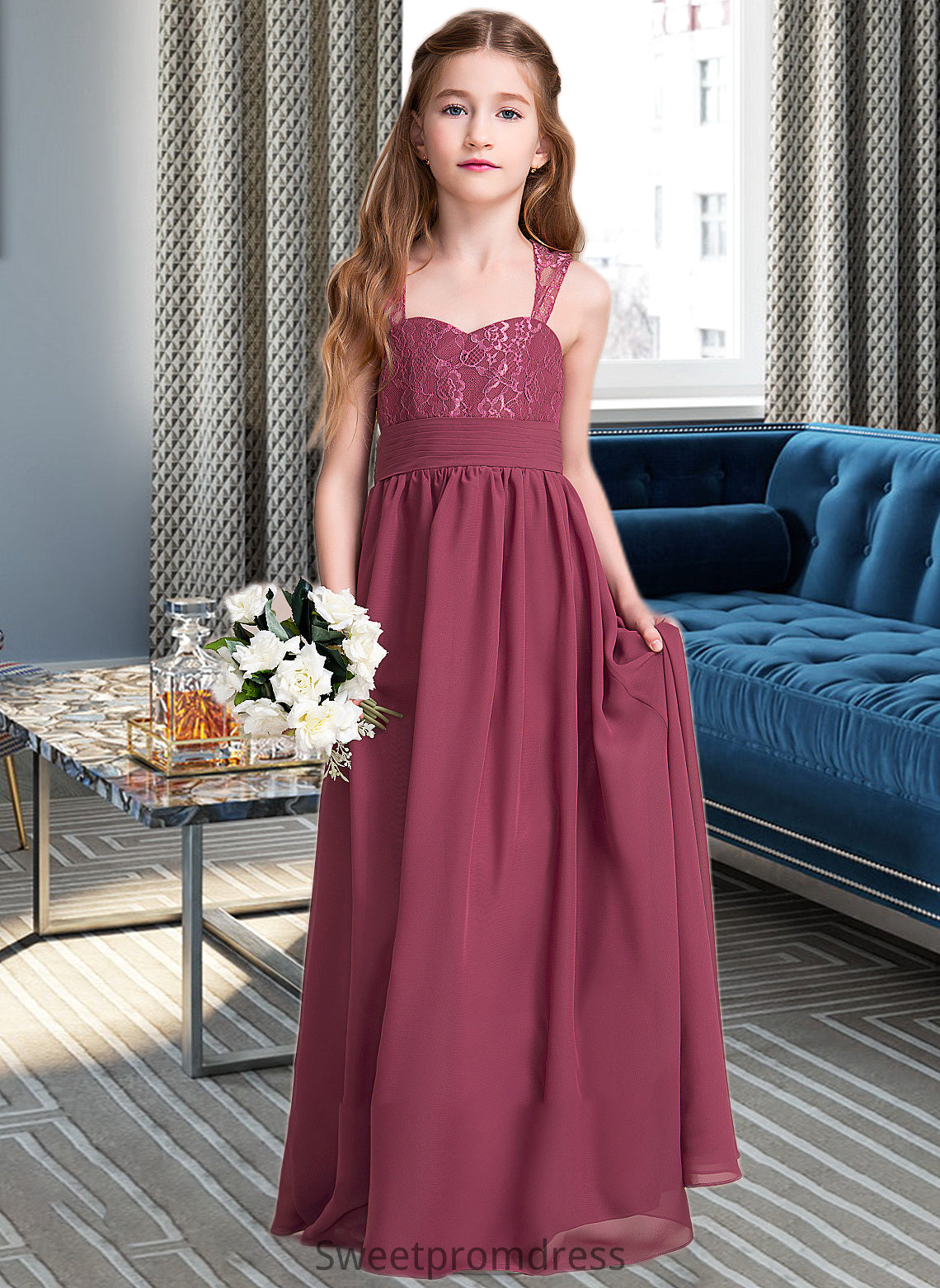 Lillie A-Line Sweetheart Floor-Length Chiffon Junior Bridesmaid Dress With Ruffle DHP0013568