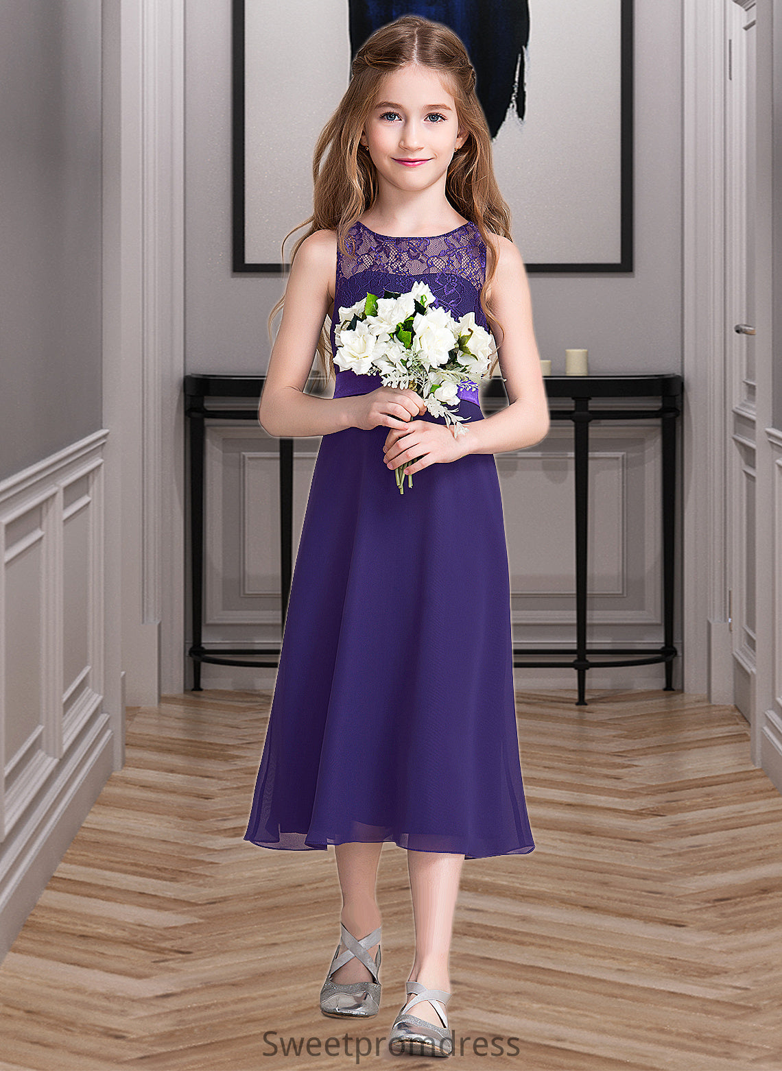 Undine A-Line Scoop Neck Tea-Length Chiffon Junior Bridesmaid Dress DHP0013569