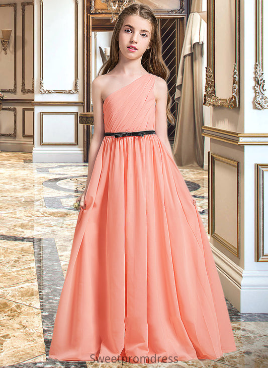 Autumn A-Line One-Shoulder Floor-Length Chiffon Junior Bridesmaid Dress With Ruffle Bow(s) DHP0013570