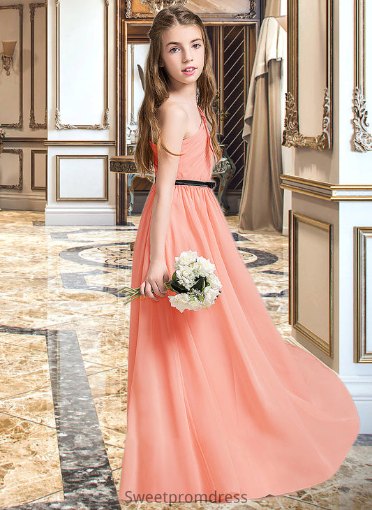 Autumn A-Line One-Shoulder Floor-Length Chiffon Junior Bridesmaid Dress With Ruffle Bow(s) DHP0013570