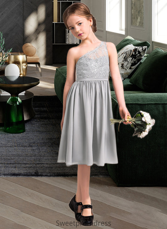 Aryanna A-Line One-Shoulder Knee-Length Chiffon Lace Junior Bridesmaid Dress DHP0013571