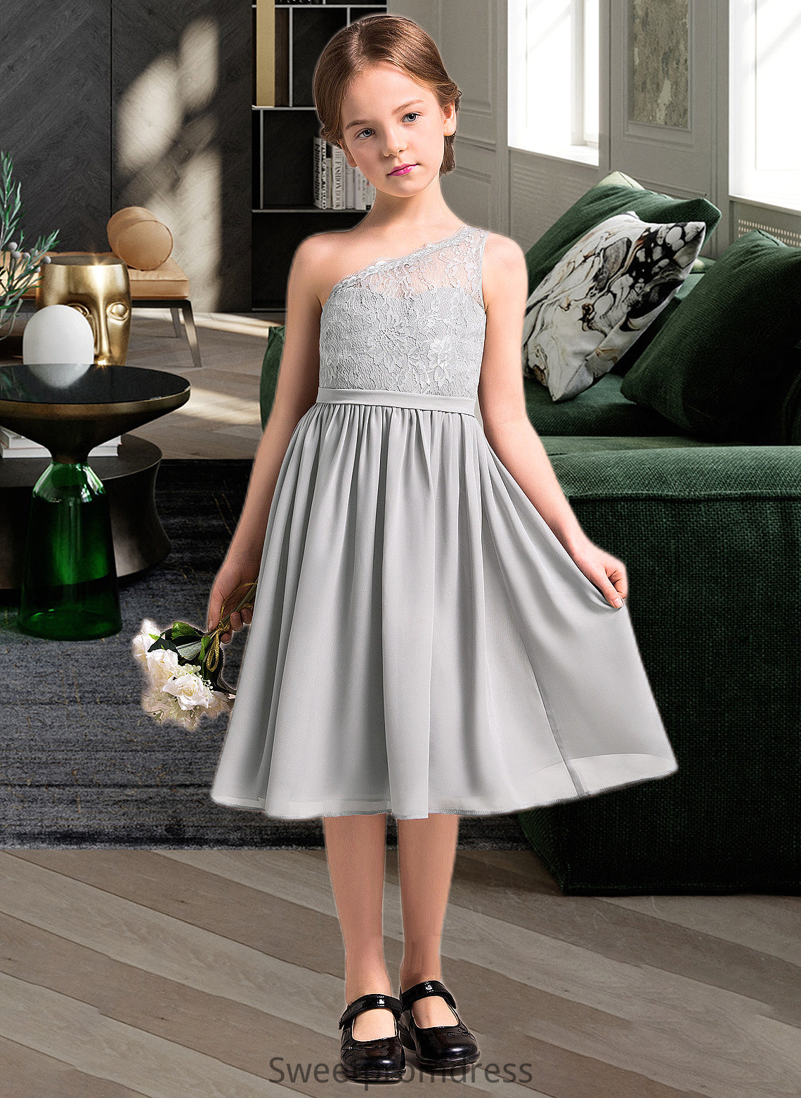 Aryanna A-Line One-Shoulder Knee-Length Chiffon Lace Junior Bridesmaid Dress DHP0013571