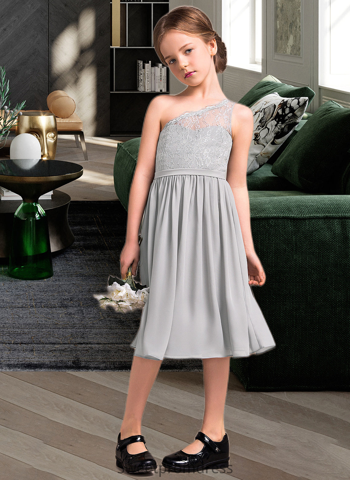 Aryanna A-Line One-Shoulder Knee-Length Chiffon Lace Junior Bridesmaid Dress DHP0013571