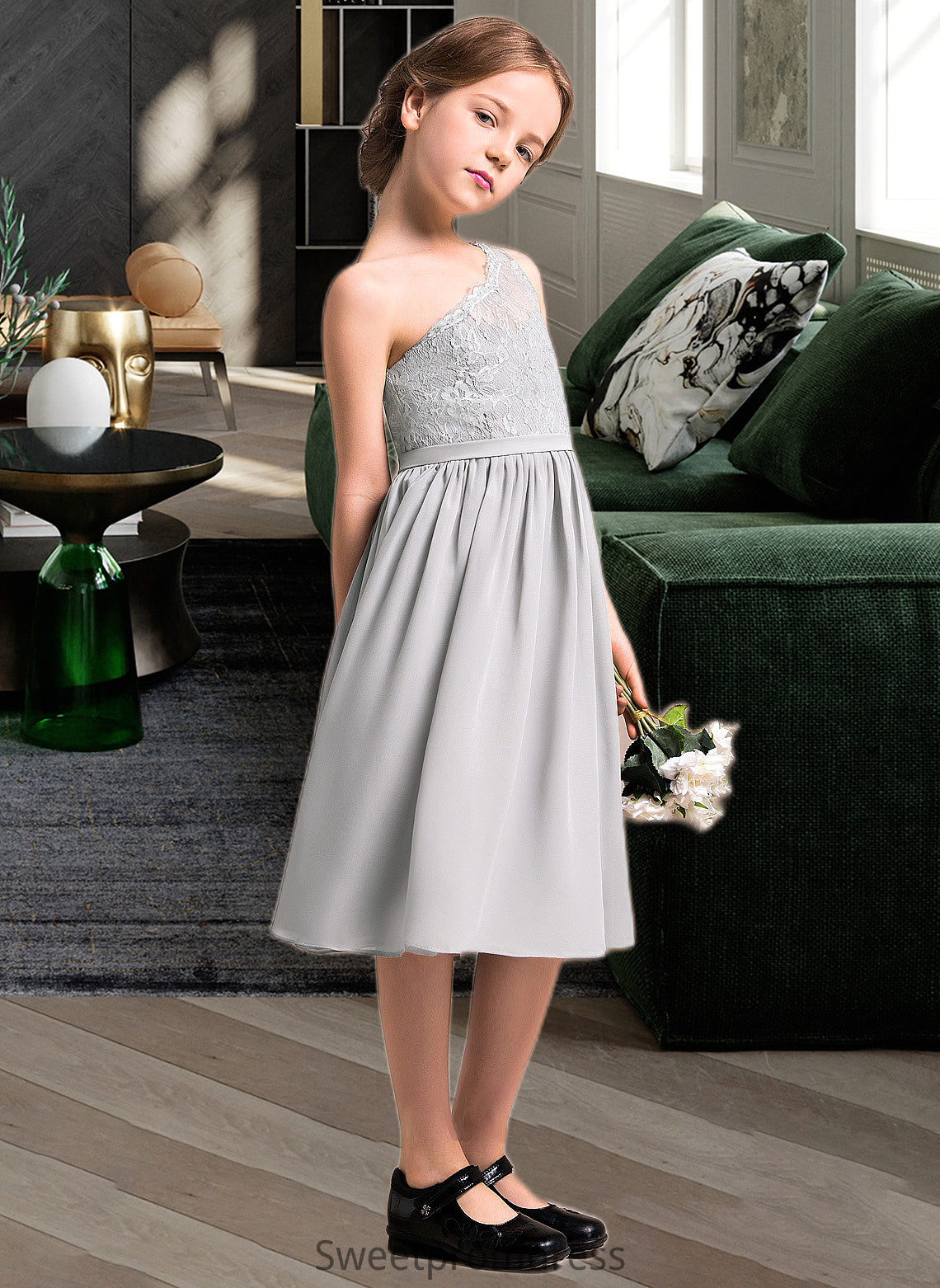 Aryanna A-Line One-Shoulder Knee-Length Chiffon Lace Junior Bridesmaid Dress DHP0013571