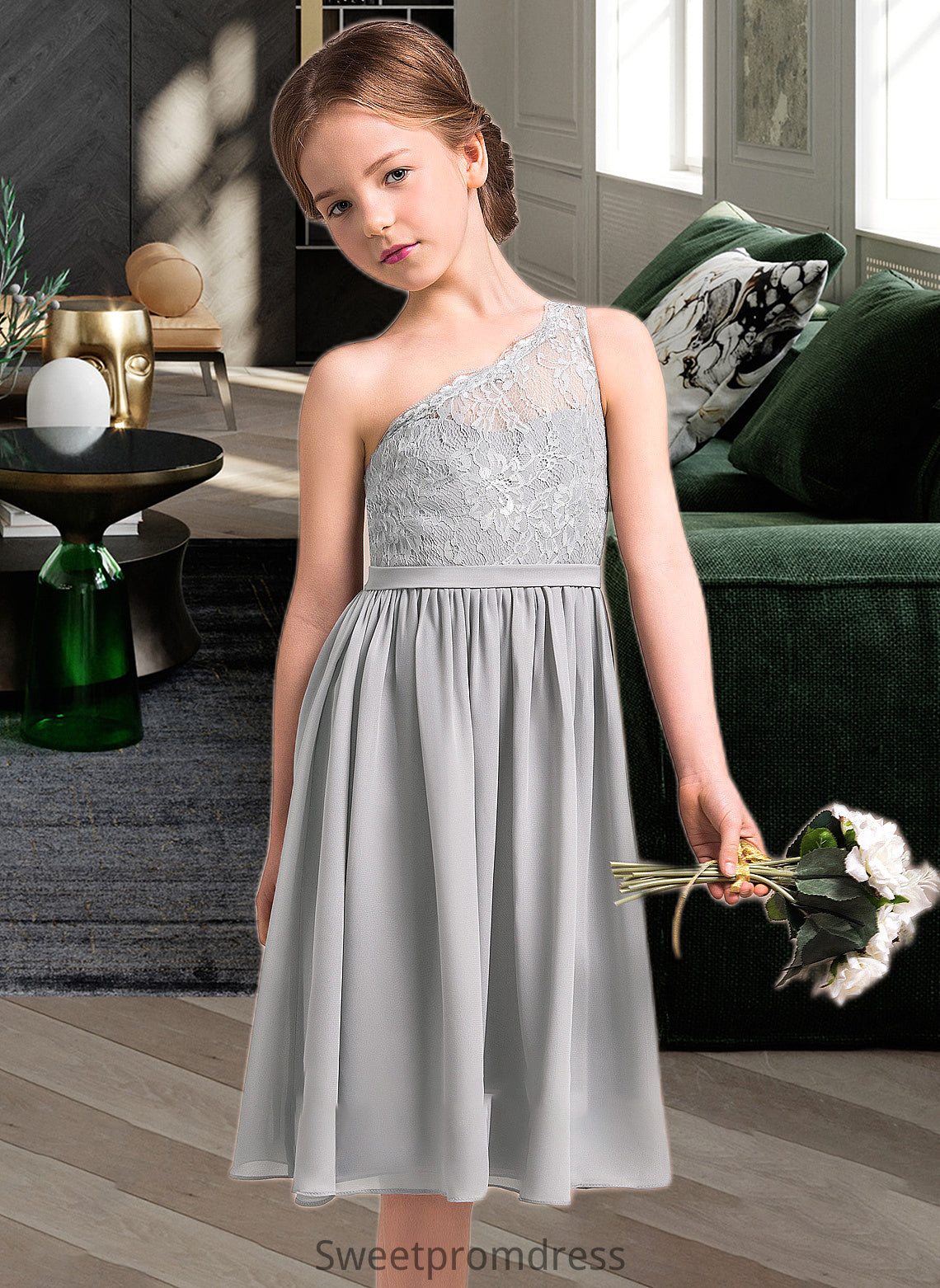 Aryanna A-Line One-Shoulder Knee-Length Chiffon Lace Junior Bridesmaid Dress DHP0013571