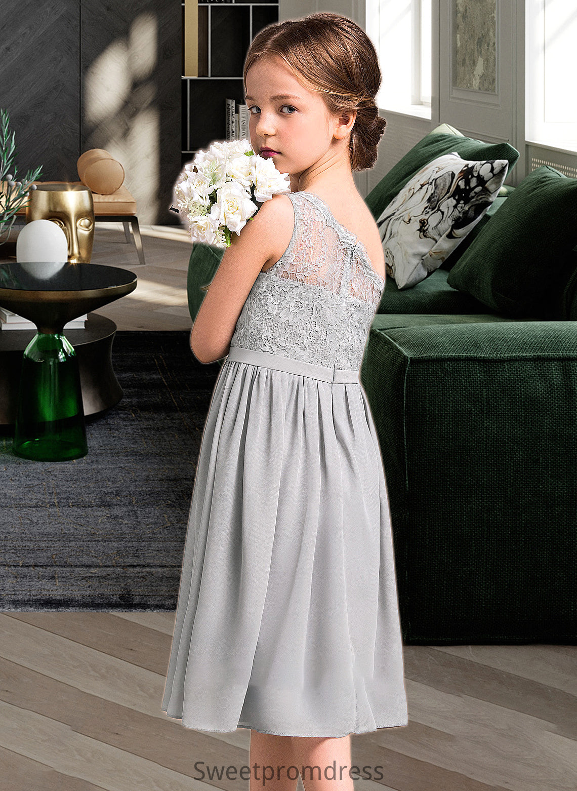 Aryanna A-Line One-Shoulder Knee-Length Chiffon Lace Junior Bridesmaid Dress DHP0013571