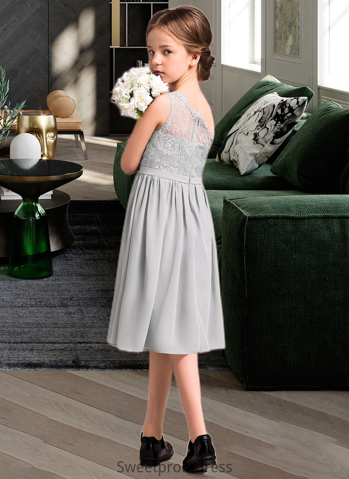 Aryanna A-Line One-Shoulder Knee-Length Chiffon Lace Junior Bridesmaid Dress DHP0013571