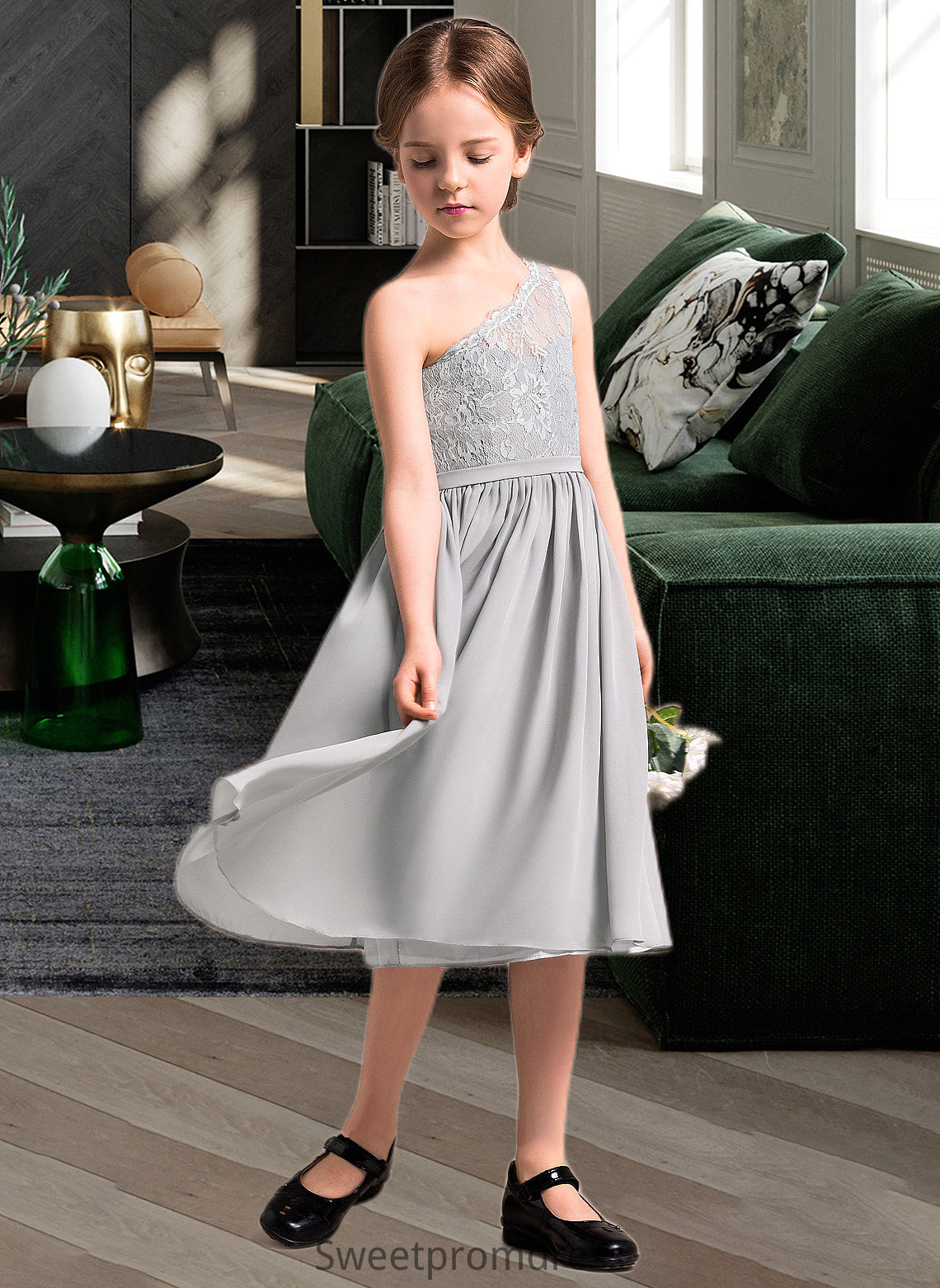 Aryanna A-Line One-Shoulder Knee-Length Chiffon Lace Junior Bridesmaid Dress DHP0013571