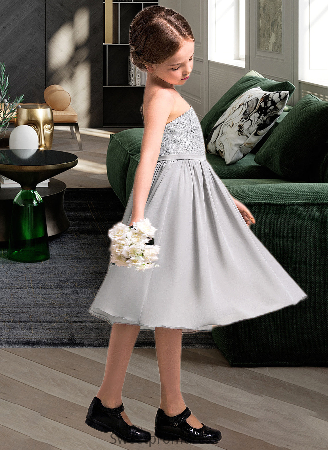 Aryanna A-Line One-Shoulder Knee-Length Chiffon Lace Junior Bridesmaid Dress DHP0013571