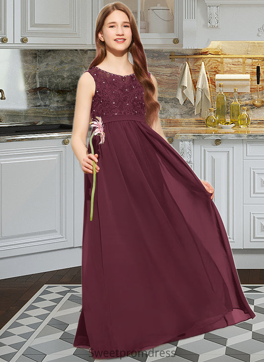 Ryleigh A-Line Scoop Neck Floor-Length Chiffon Lace Junior Bridesmaid Dress With Beading Sequins DHP0013572