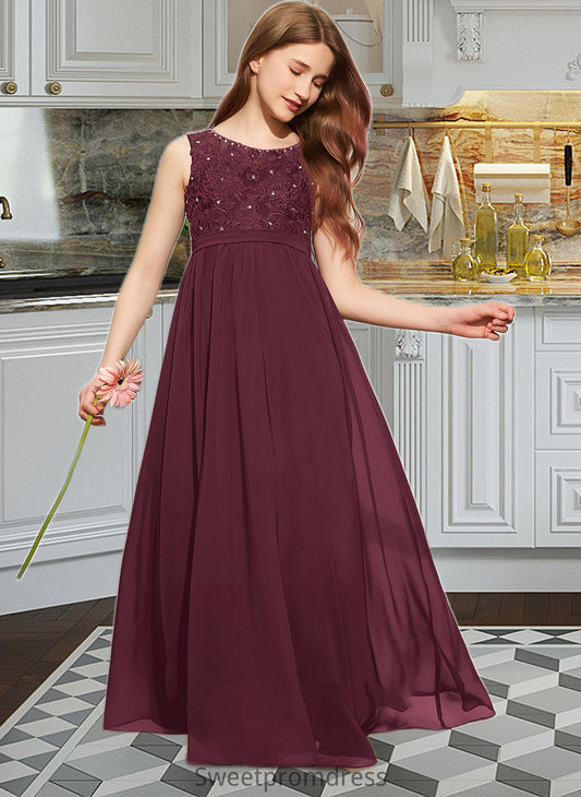 Ryleigh A-Line Scoop Neck Floor-Length Chiffon Lace Junior Bridesmaid Dress With Beading Sequins DHP0013572