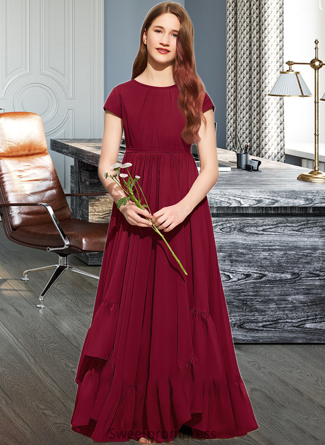 Katie A-Line Scoop Neck Floor-Length Chiffon Junior Bridesmaid Dress With Appliques Lace Bow(s) Cascading Ruffles DHP0013573