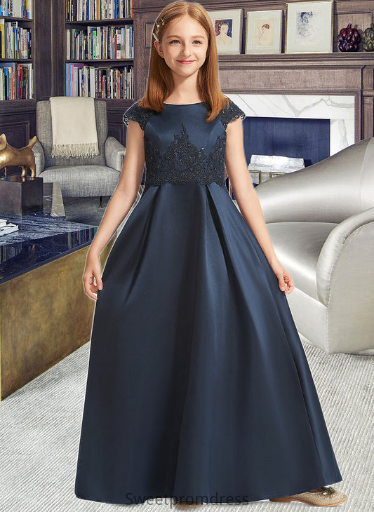 Jazmine A-Line Scoop Neck Floor-Length Satin Lace Junior Bridesmaid Dress With Beading Sequins Bow(s) DHP0013574