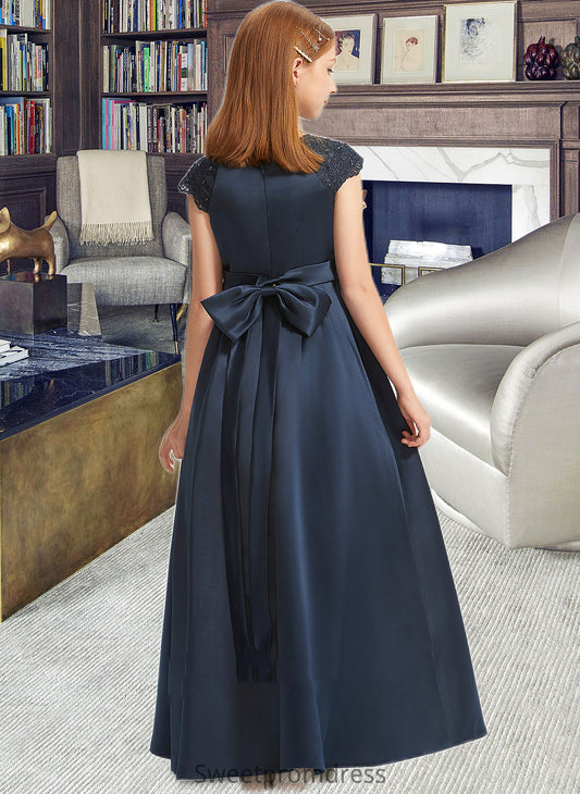 Jazmine A-Line Scoop Neck Floor-Length Satin Lace Junior Bridesmaid Dress With Beading Sequins Bow(s) DHP0013574