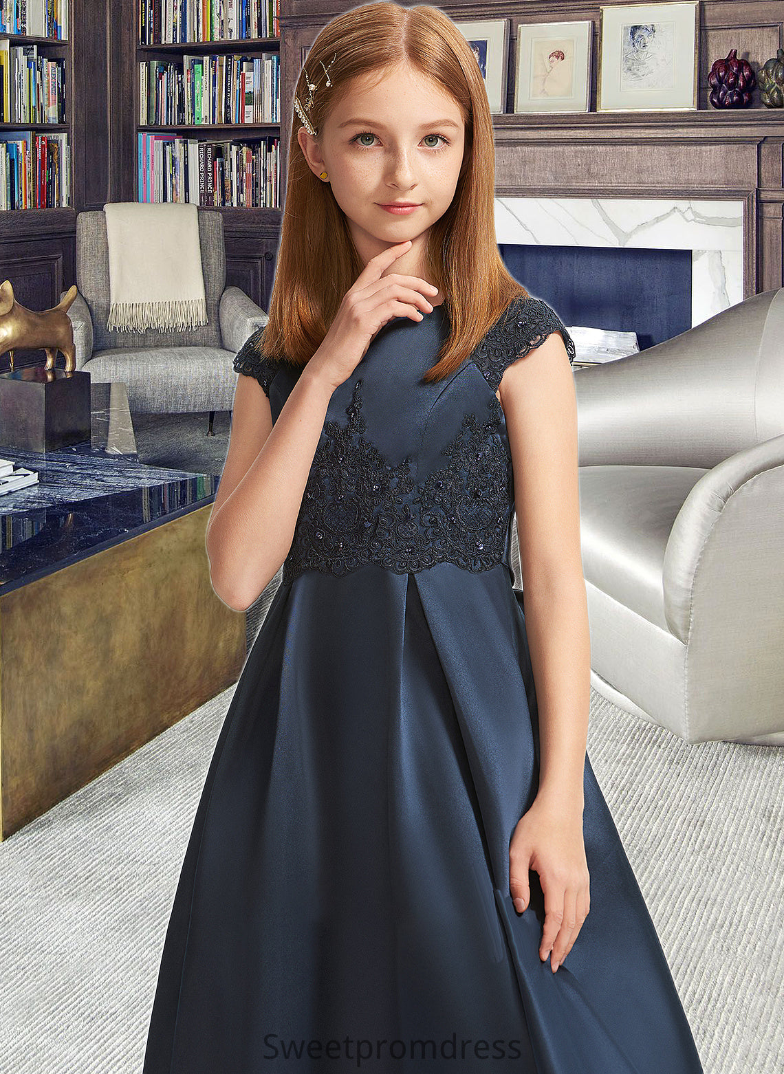 Jazmine A-Line Scoop Neck Floor-Length Satin Lace Junior Bridesmaid Dress With Beading Sequins Bow(s) DHP0013574