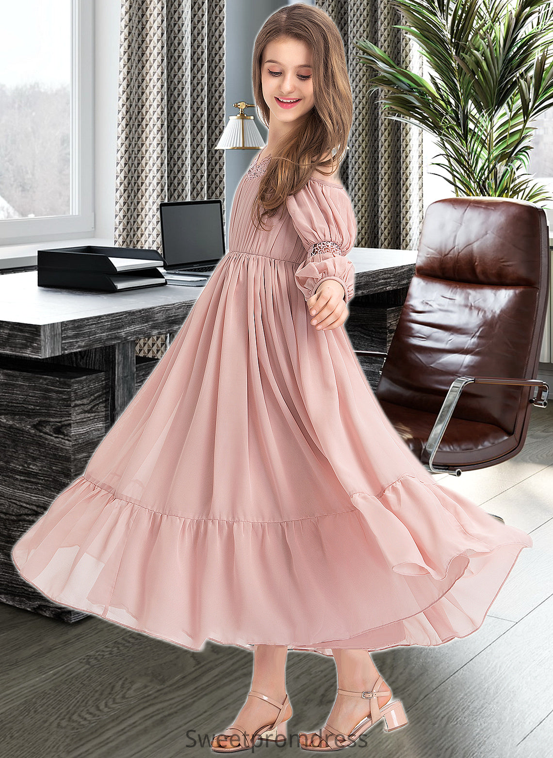 Nina A-Line Square Neckline Ankle-Length Chiffon Junior Bridesmaid Dress With Ruffle Lace DHP0013575