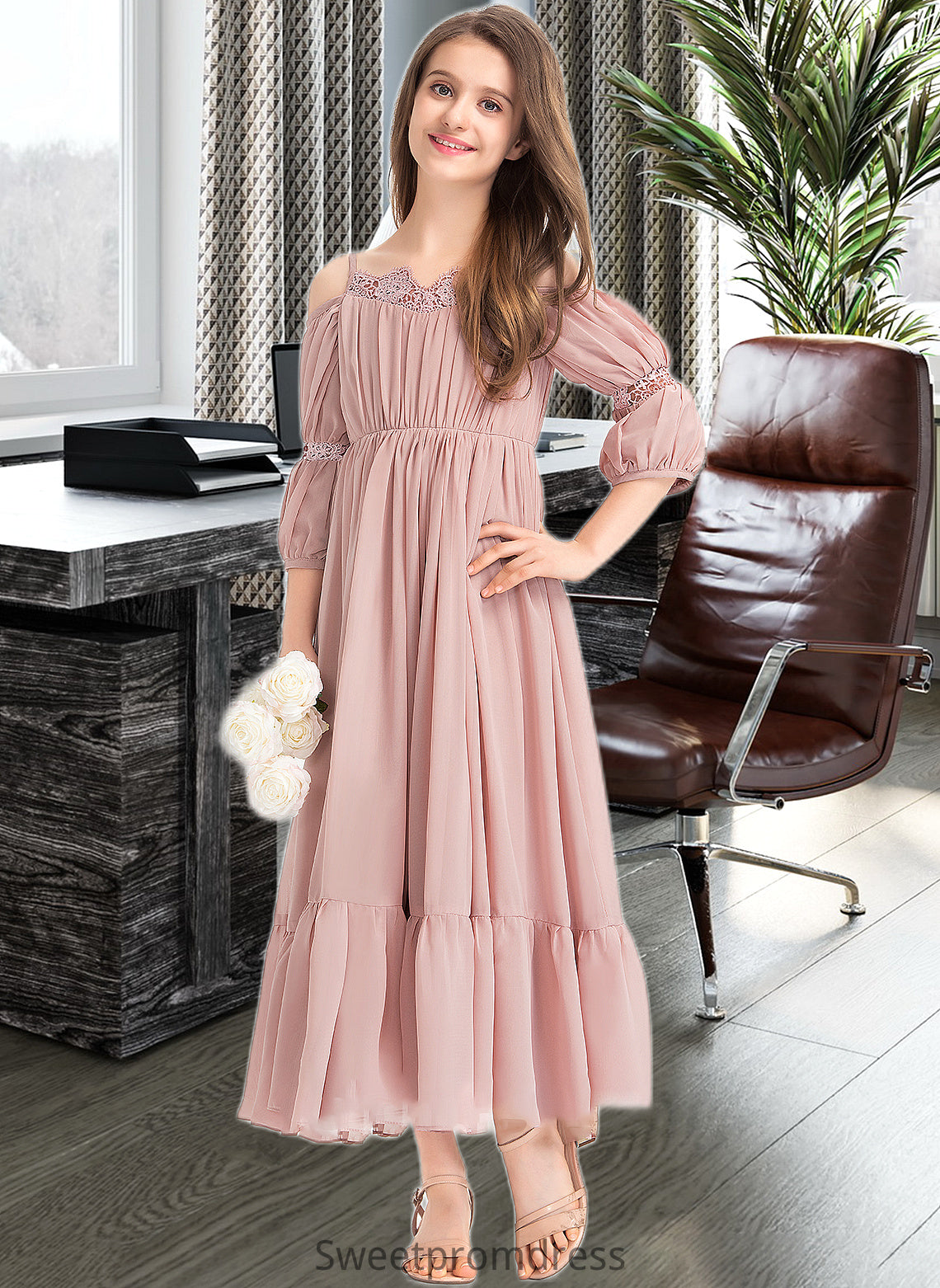 Nina A-Line Square Neckline Ankle-Length Chiffon Junior Bridesmaid Dress With Ruffle Lace DHP0013575