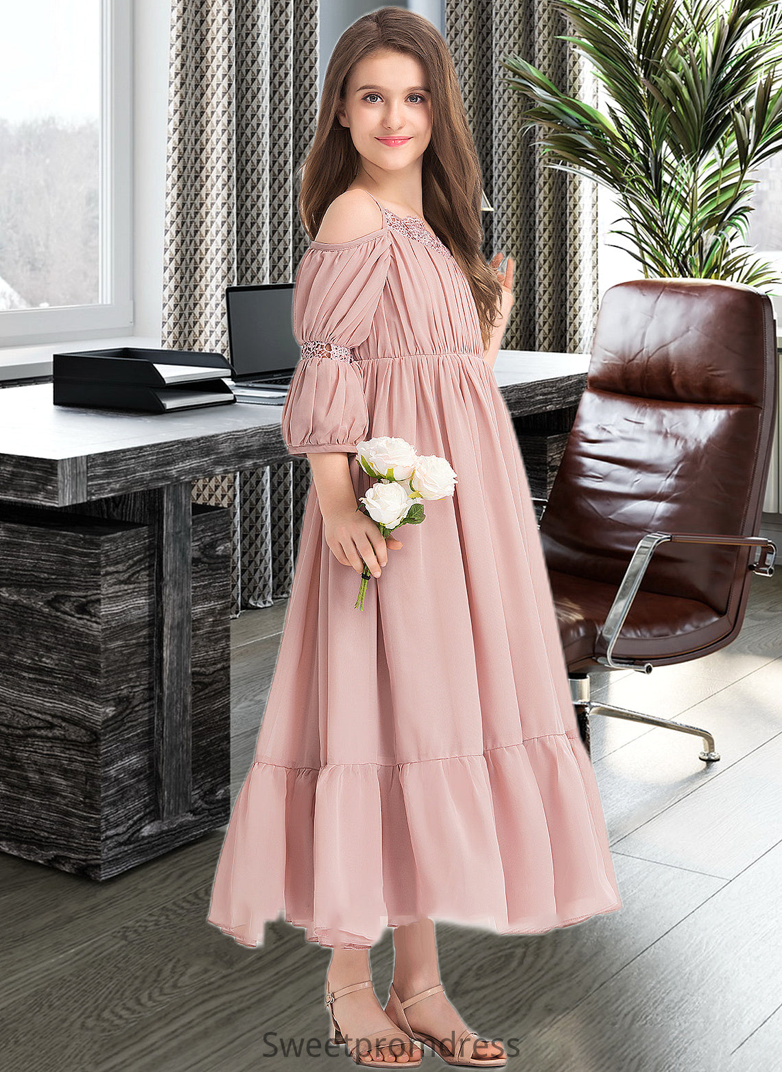 Nina A-Line Square Neckline Ankle-Length Chiffon Junior Bridesmaid Dress With Ruffle Lace DHP0013575