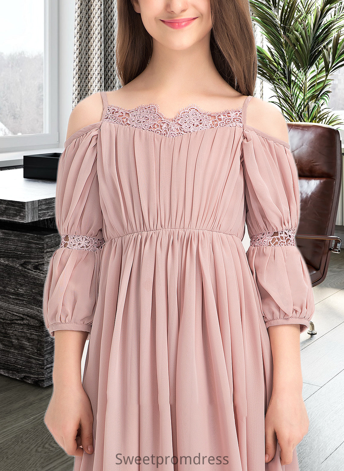 Nina A-Line Square Neckline Ankle-Length Chiffon Junior Bridesmaid Dress With Ruffle Lace DHP0013575