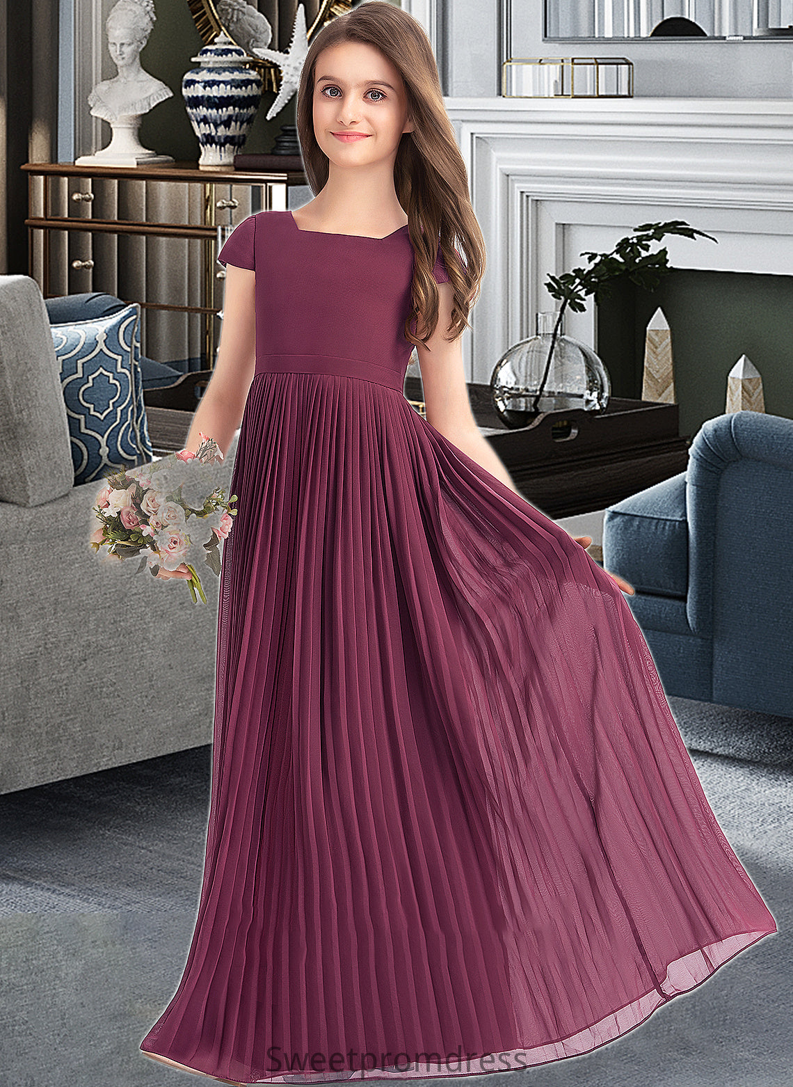 Shiloh A-Line Square Neckline Floor-Length Chiffon Junior Bridesmaid Dress With Lace Bow(s) Pleated DHP0013576