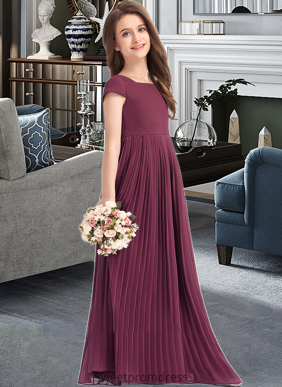 Shiloh A-Line Square Neckline Floor-Length Chiffon Junior Bridesmaid Dress With Lace Bow(s) Pleated DHP0013576