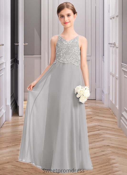 Jazmyn A-Line V-neck Floor-Length Chiffon Lace Junior Bridesmaid Dress DHP0013579