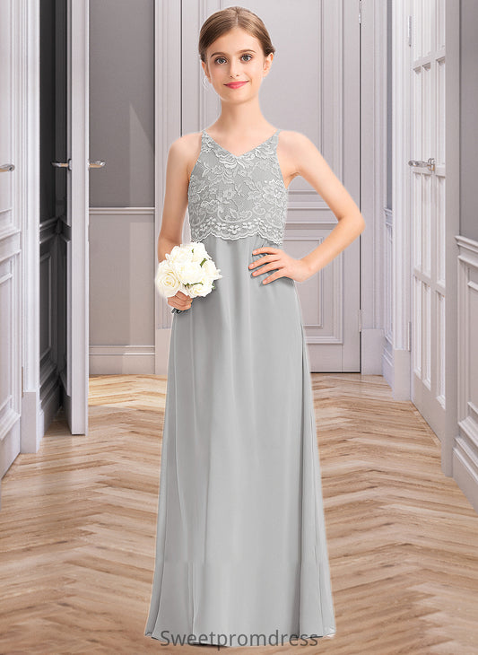 Jazmyn A-Line V-neck Floor-Length Chiffon Lace Junior Bridesmaid Dress DHP0013579