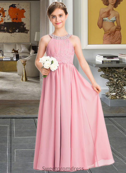 Whitney A-Line Scoop Neck Floor-Length Chiffon Lace Junior Bridesmaid Dress With Ruffle Beading Sequins DHP0013582