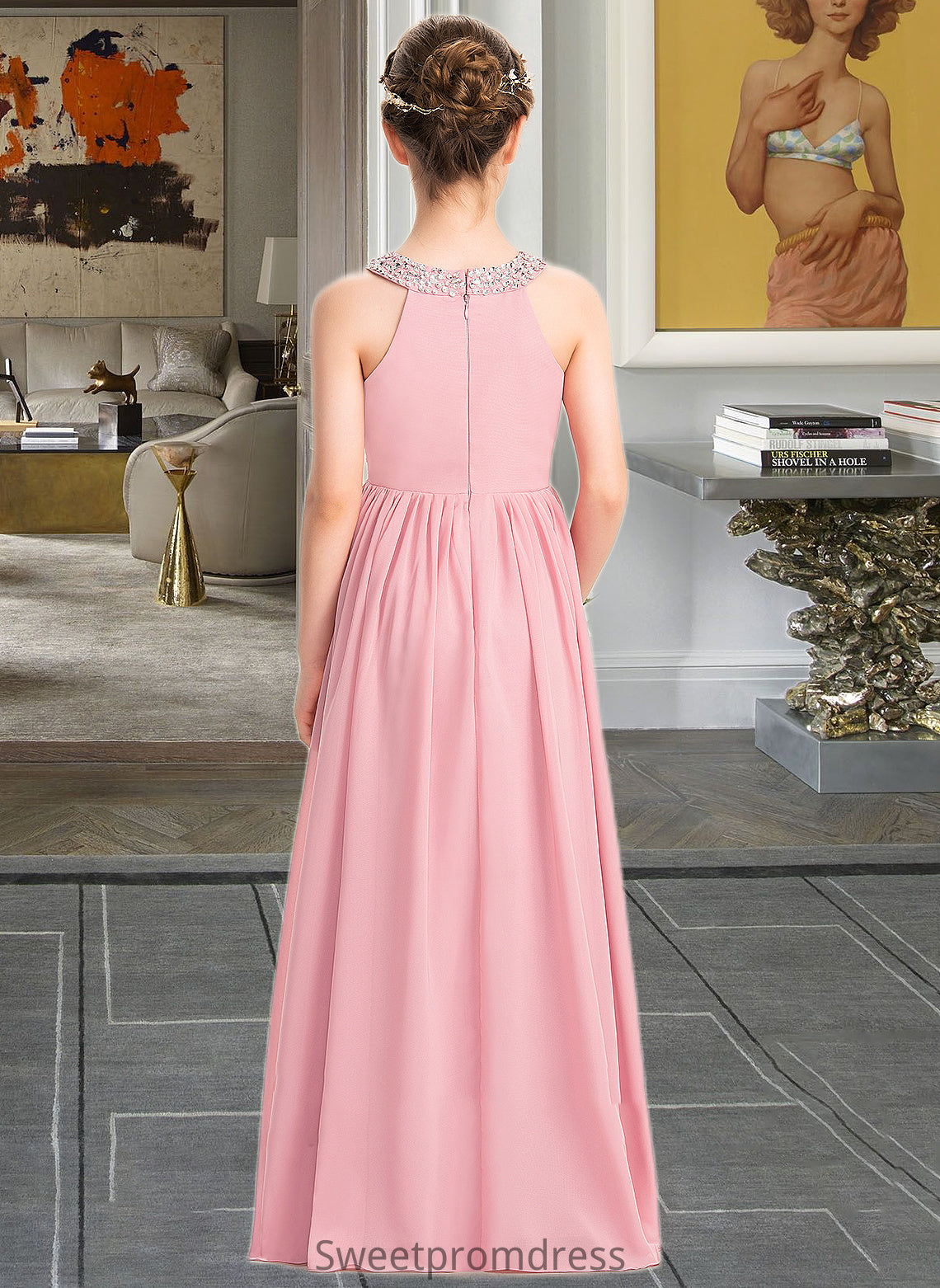 Whitney A-Line Scoop Neck Floor-Length Chiffon Lace Junior Bridesmaid Dress With Ruffle Beading Sequins DHP0013582