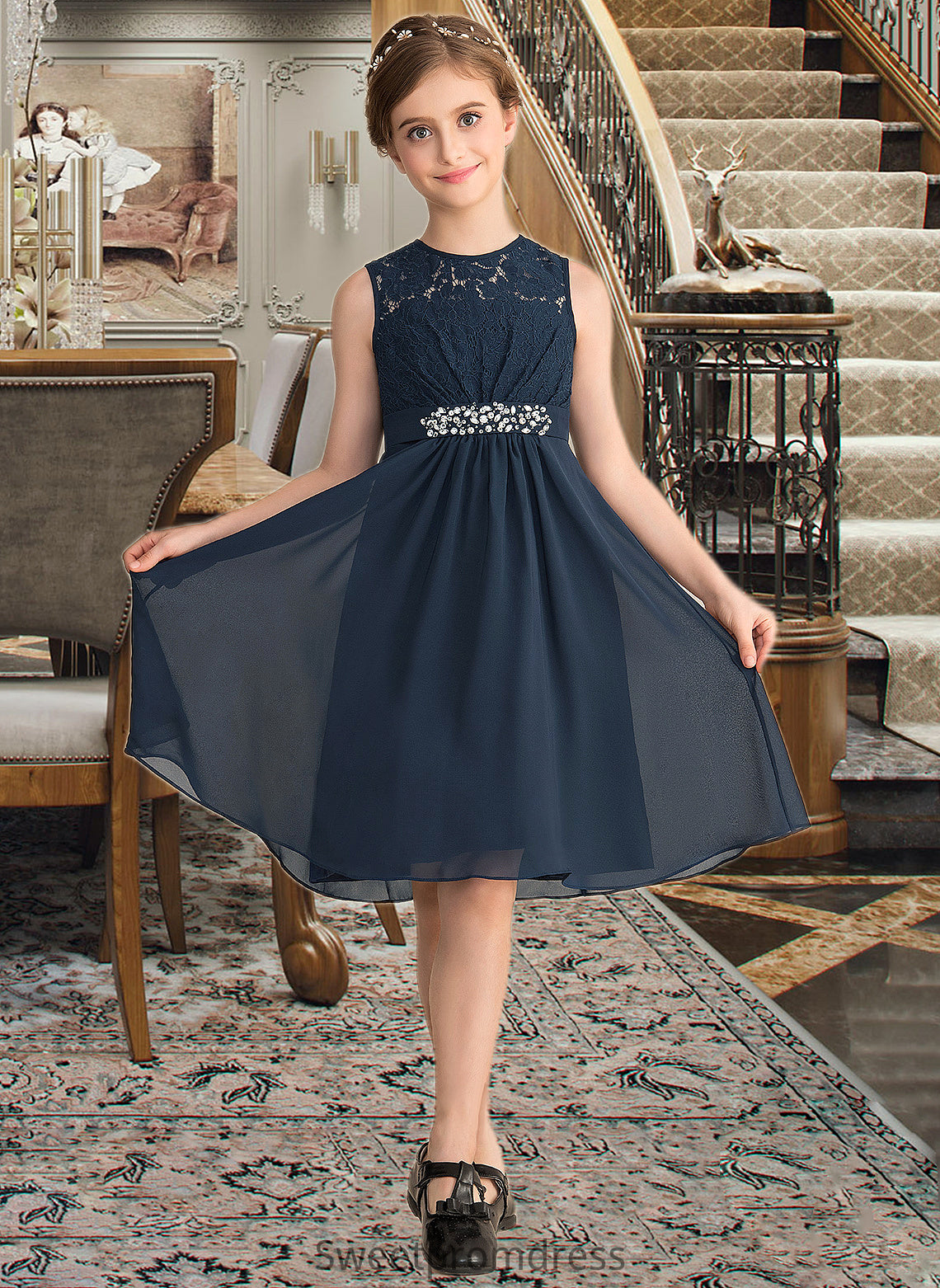 Sherry A-Line Scoop Neck Knee-Length Chiffon Lace Junior Bridesmaid Dress With Beading Sequins Bow(s) DHP0013583