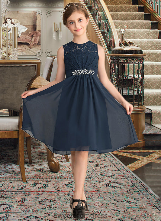 Sherry A-Line Scoop Neck Knee-Length Chiffon Lace Junior Bridesmaid Dress With Beading Sequins Bow(s) DHP0013583