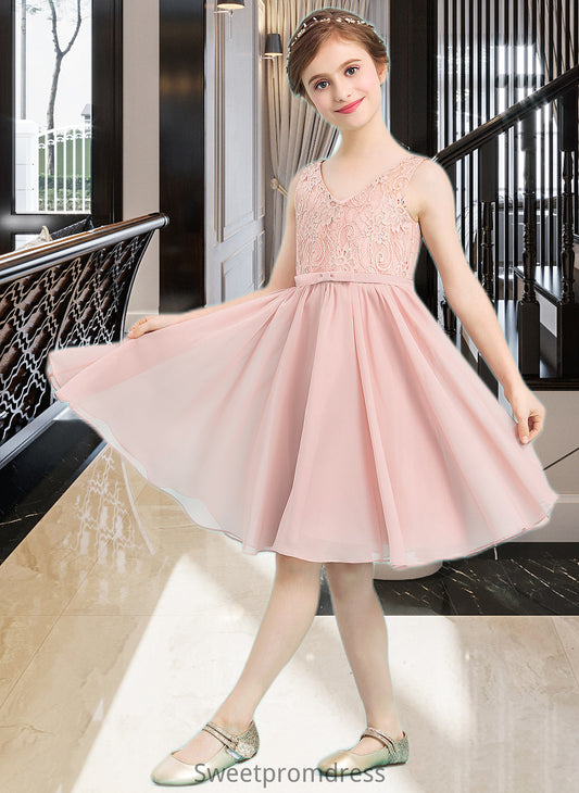 Ayana A-Line V-neck Knee-Length Chiffon Junior Bridesmaid Dress With Bow(s) DHP0013586