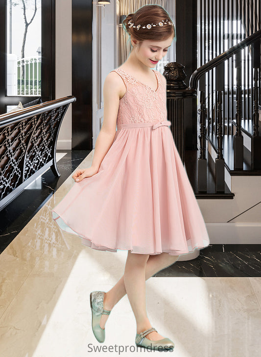 Ayana A-Line V-neck Knee-Length Chiffon Junior Bridesmaid Dress With Bow(s) DHP0013586