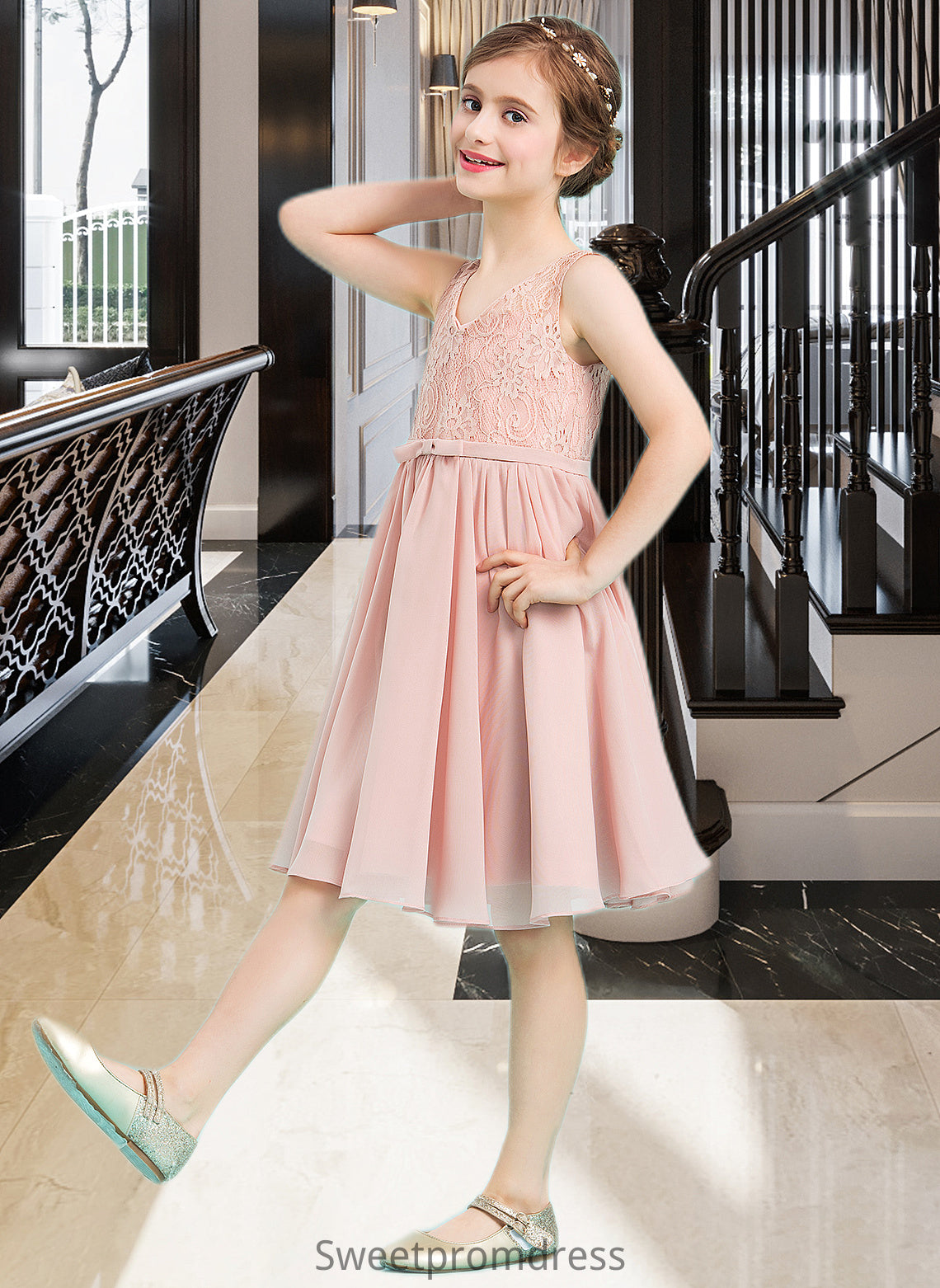 Ayana A-Line V-neck Knee-Length Chiffon Junior Bridesmaid Dress With Bow(s) DHP0013586