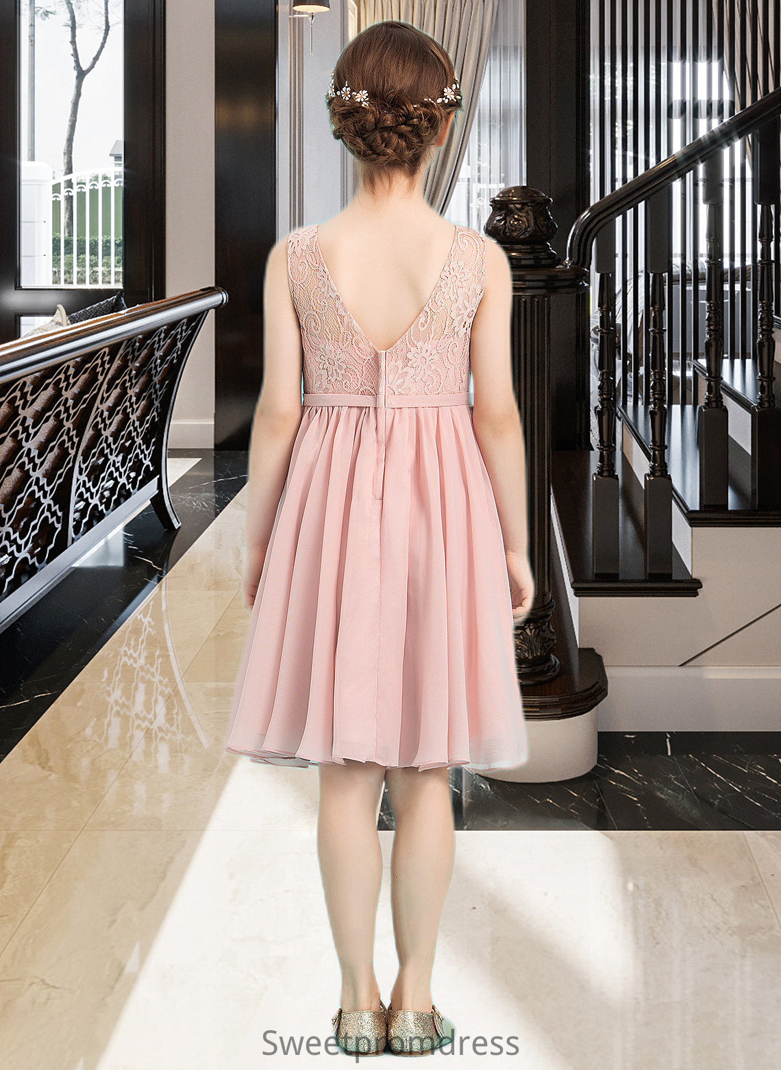 Ayana A-Line V-neck Knee-Length Chiffon Junior Bridesmaid Dress With Bow(s) DHP0013586