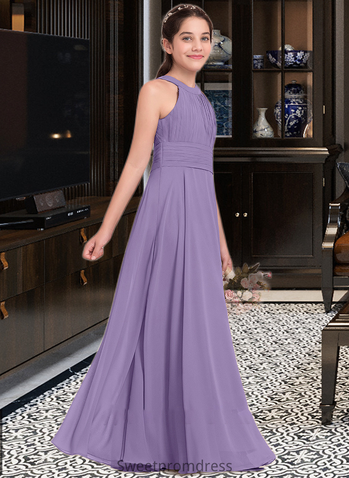 Johanna A-Line Scoop Neck Floor-Length Chiffon Junior Bridesmaid Dress With Ruffle DHP0013588