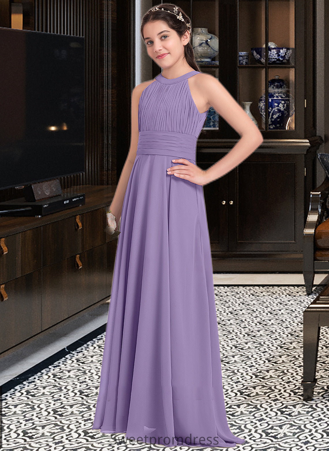 Johanna A-Line Scoop Neck Floor-Length Chiffon Junior Bridesmaid Dress With Ruffle DHP0013588