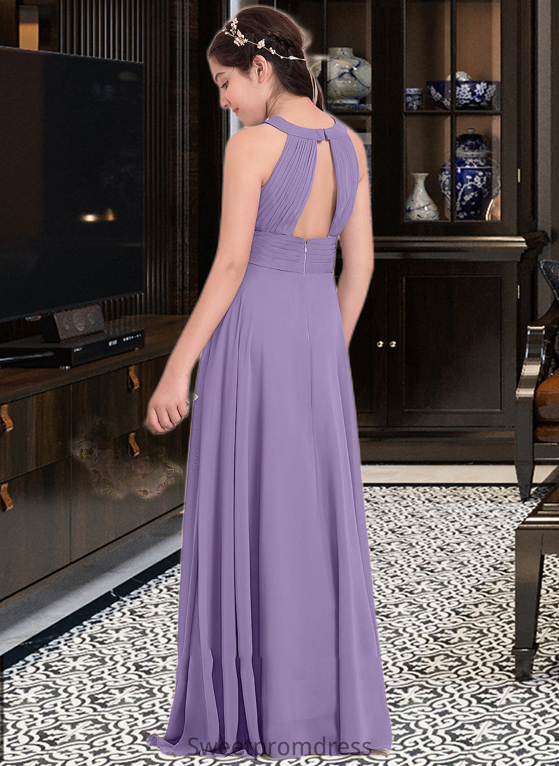 Johanna A-Line Scoop Neck Floor-Length Chiffon Junior Bridesmaid Dress With Ruffle DHP0013588