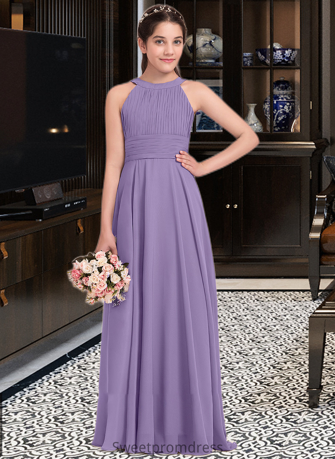 Johanna A-Line Scoop Neck Floor-Length Chiffon Junior Bridesmaid Dress With Ruffle DHP0013588