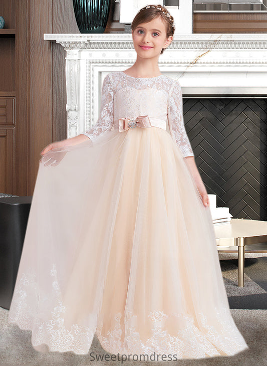 Chasity Ball-Gown/Princess Scoop Neck Floor-Length Tulle Lace Junior Bridesmaid Dress With Sash Beading Bow(s) DHP0013589