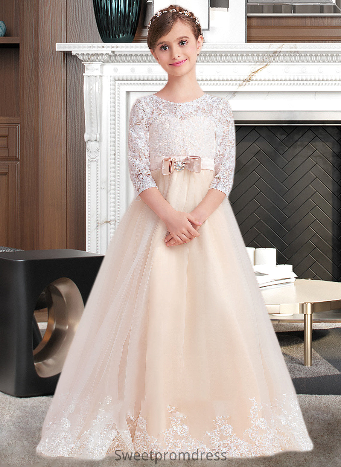 Chasity Ball-Gown/Princess Scoop Neck Floor-Length Tulle Lace Junior Bridesmaid Dress With Sash Beading Bow(s) DHP0013589