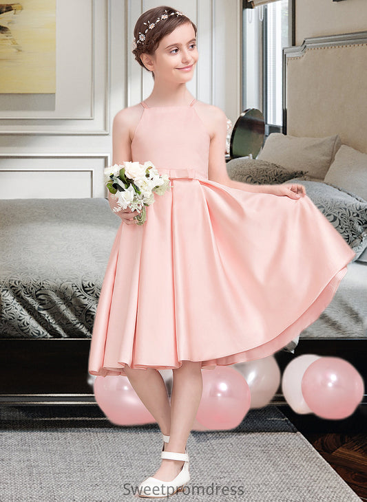 Tara A-Line Square Neckline Knee-Length Satin Junior Bridesmaid Dress With Bow(s) DHP0013593