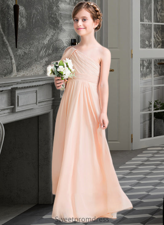 Mariela A-Line One-Shoulder Floor-Length Chiffon Junior Bridesmaid Dress With Ruffle DHP0013594