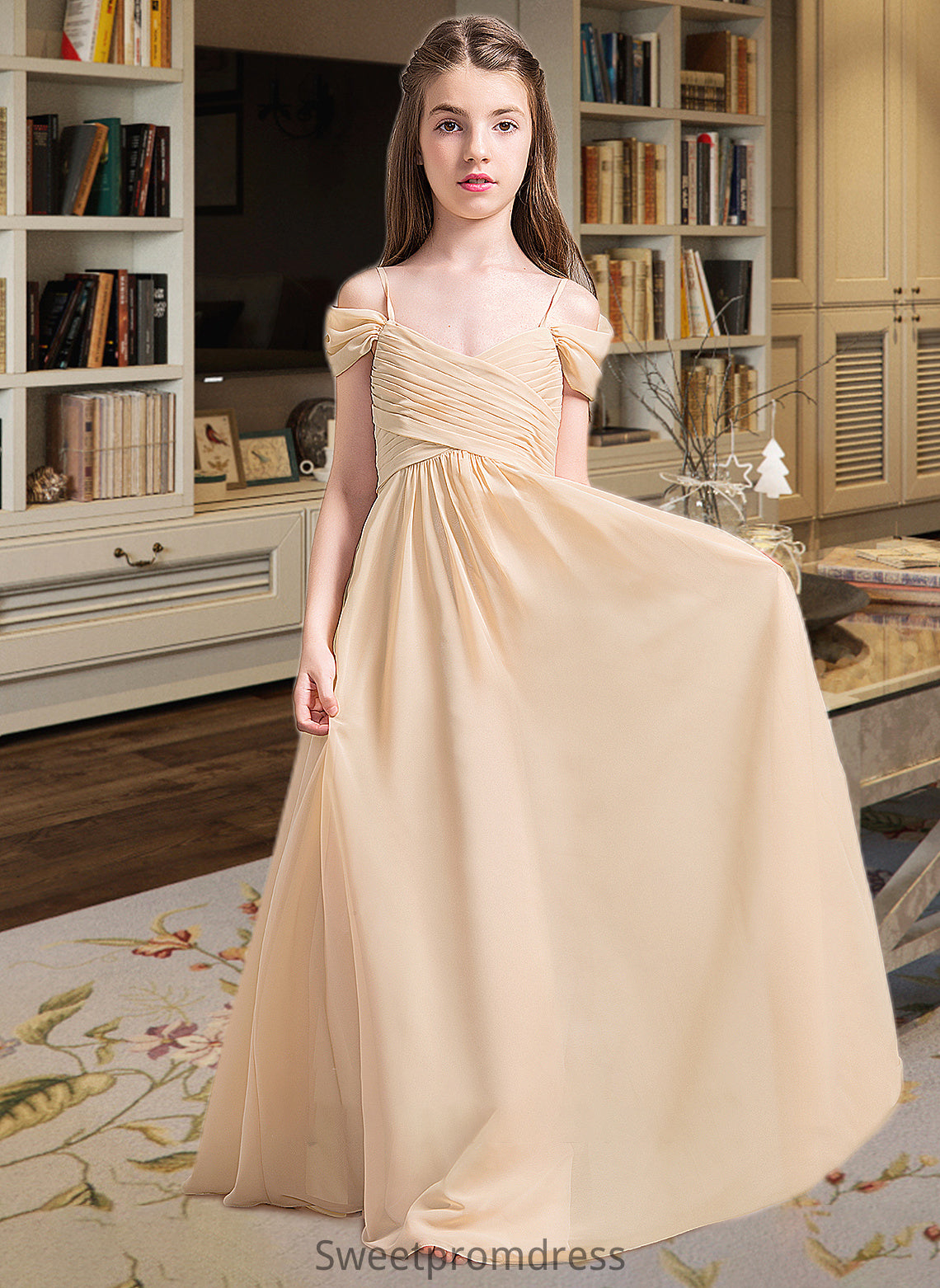 Selah A-Line Off-the-Shoulder Floor-Length Chiffon Junior Bridesmaid Dress With Ruffle DHP0013595