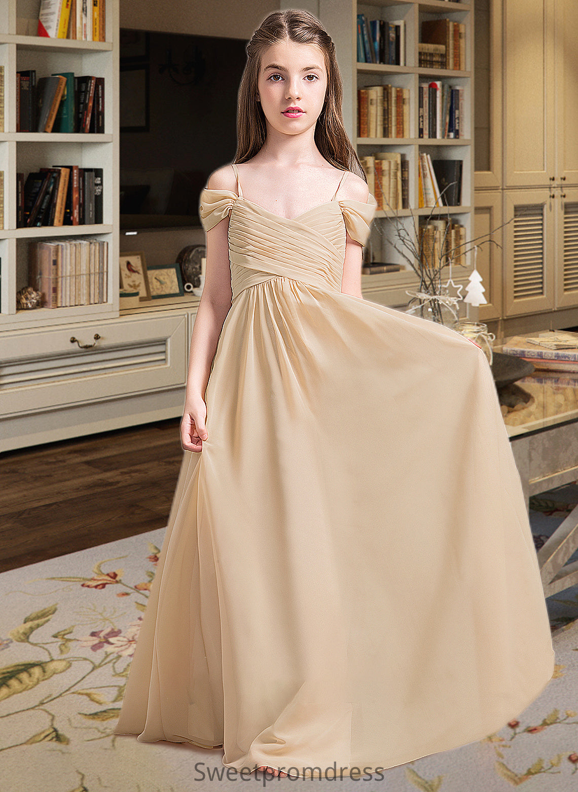 Selah A-Line Off-the-Shoulder Floor-Length Chiffon Junior Bridesmaid Dress With Ruffle DHP0013595